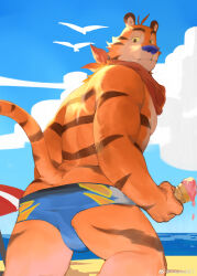 Rule 34 | 1boy, absurdres, animal ears, ass peek, bara, beach, blue male swimwear, feet out of frame, from behind, furry, furry male, highres, kellogg&#039;s, looking at viewer, looking back, male focus, male swimwear, male swimwear pull, muscular, muscular male, sanpaku, short hair, solo, swim briefs, tail, thick eyebrows, thighs, tiger boy, tiger ears, tony the tiger, topless male, yuuko (yuuko891)