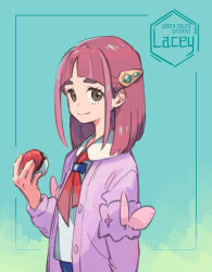 Rule 34 | 1girl, brown eyes, buttons, cardigan, character name, closed mouth, coat, collared shirt, creatures (company), eyelashes, game freak, hair ornament, hairclip, highres, holding, holding poke ball, lacey (pokemon), long sleeves, looking at viewer, medium hair, nintendo, open clothes, open coat, ototoi (eevees813), pink hair, poke ball, poke ball (basic), pokemon, pokemon sv, purple cardigan, shirt, smile, solo, thick eyebrows, white shirt