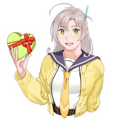 Rule 34 | 1girl, bad id, bad twitter id, blue sailor collar, box, breasts, cardigan, cropped torso, gift, gift box, green eyes, greyscale, hair tie, heart-shaped box, highres, holding, holding gift, kantai collection, kinugasa (kancolle), kinugasa kai ni (kancolle), long hair, long sleeves, looking at viewer, medium breasts, monochrome, necktie, ojipon, open mouth, sailor collar, simple background, solo, valentine, white background, yellow cardigan, yellow necktie