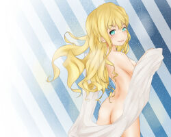 Rule 34 | 1girl, aqua eyes, ass, back, blonde hair, blue background, breasts, cendrillon (toaru majutsu no index), closed mouth, commentary request, diagonal stripes, feet out of frame, from behind, hair between eyes, hands up, highres, holding, light blush, long hair, looking at viewer, medium breasts, nude, shin (highest1192), smile, solo, standing, striped, striped background, toaru majutsu no index, toaru majutsu no index: new testament, v-shaped eyebrows, wavy hair
