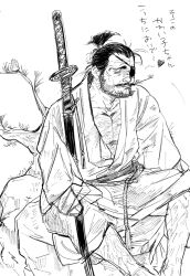 Rule 34 | 1boy, beard stubble, character request, eyepatch, facial hair, feet out of frame, greyscale, hairy, highres, japanese clothes, katana, kimono, male focus, mature male, monochrome, mouth hold, okiba (hoxq9axtnhp3uc9), pectoral cleavage, pectorals, ronin, short ponytail, sketch, solo, stalk in mouth, stubble, sword, thick chest hair, thick eyebrows, thick leg hair, translation request, weapon