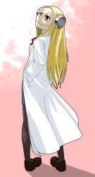 Rule 34 | 1girl, blonde hair, bolt, brown eyes, franken fran, glasgow smile, hands in pockets, highres, lab coat, loafers, long hair, looking at viewer, looking back, madaraki fran, mimizu (tokagex), pantyhose, scar, solo, stitches, tokagex, yellow eyes
