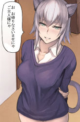 Rule 34 | 1girl, animal ears, aqua eyes, arms behind back, blush, breasts, cat ears, cat tail, check translation, looking at viewer, medium breasts, original, parted lips, pepe (jonasan), silver hair, smile, solo, standing, tail, translation request
