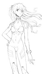 Rule 34 | 1girl, artist request, bodysuit, breasts, evangelion: 3.0+1.0 thrice upon a time, eyepatch, floating hair, hair between eyes, hair ornament, hand on own hip, highres, long hair, looking at viewer, medium breasts, monochrome, neon genesis evangelion, plugsuit, rebuild of evangelion, shiny clothes, simple background, skin tight, solo, souryuu asuka langley, two side up, white background
