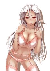 Rule 34 | 1girl, blush, bra, breasts, cameltoe, cleavage, collarbone, covered erect nipples, dark-skinned female, dark skin, elf, garter belt, garter straps, kuurunaitsu, lace, lace-trimmed bra, lace-trimmed legwear, lace-trimmed panties, lace trim, large breasts, lingerie, long hair, navel, open mouth, original, panties, pink bra, pink panties, pink thighhighs, pointy ears, red eyes, silver hair, simple background, solo, thighhighs, underwear, underwear only, white background