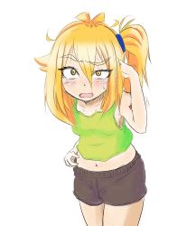 Rule 34 | 1girl, akita neru, black shorts, blonde hair, blush, commentary, cowboy shot, green tank top, hand in own hair, hand up, highres, long hair, midriff, navel, raised eyebrow, scratching stomach, shorts, shoulder tattoo, side ponytail, sketch, smith hioka, solo, standing, tank top, tattoo, vocaloid, white background, yellow eyes