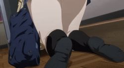 Rule 34 | 1girl, animated, animated gif, anime screenshot, ass, bag, black socks, blue skirt, from behind, mieruko-chan, school uniform, skirt, socks, solo, sweater, thighs, yellow sweater, yotsuya miko