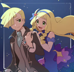 Rule 34 | 1boy, 1girl, :d, ahoge, bare shoulders, blonde hair, blue dress, blue hairband, blush, braid, brother and sister, closed mouth, coat, collared shirt, commentary request, creatures (company), dress, elbow gloves, eyelashes, floating hair, game freak, gladion (pokemon), gladion (sygna suit) (pokemon), gloves, green eyes, grey vest, hair over one eye, hairband, hand on another&#039;s shoulder, hand up, lillie (anniversary 2021) (pokemon), lillie (pokemon), long hair, necktie, nintendo, official alternate costume, open clothes, open coat, open mouth, pokemon, pokemon masters ex, shirt, short hair, siblings, smile, twin braids, vest, white gloves, yu062424