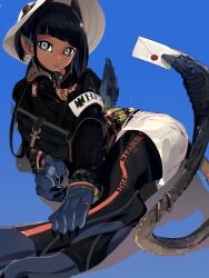 Rule 34 | 1girl, ankh, belt, black coat, black hair, black leggings, black scales, blue background, blue eyes, blue hair, bracelet, camouflage, camouflage shirt, claws, coat, commentary request, dangle earrings, dark-skinned female, dark skin, earrings, english text, extra eyes, feathered wings, hat, highres, idkuroi, jewelry, leggings, letter, looking at viewer, mailman, monster girl, multicolored hair, original, pointy ears, postage stamp, pouch, purple fur, shirt, shorts, snake tail, sphinx, sun hat, tail, tail ornament, tail ring, two-tone hair, undershirt, white shorts, wings