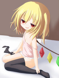 Rule 34 | 1girl, bed, blonde hair, blush, bottomless, camisole, fang, female focus, flandre scarlet, flat chest, hat, highres, kisa (k isa), naughty face, red eyes, short hair, side ponytail, single thighhigh, sitting, solo, strap slip, thighhighs, touhou, wings