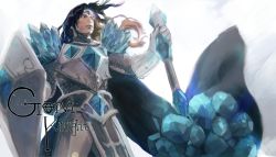 Rule 34 | 1boy, armor, black hair, chainmail, gauntlets, hammer, highres, league of legends, long hair, male focus, papannola, shield, simple background, taric, war hammer, weapon, white background