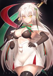 Rule 34 | 1girl, bell, bikini, bikini under clothes, black bikini, black gloves, black thighhighs, breasts, bu li, capelet, character name, cleavage, closed mouth, commentary, copyright name, cosplay, cowboy shot, dated, dress, elbow gloves, fate/grand order, fate (series), fur-trimmed capelet, fur trim, gloves, green ribbon, hair ribbon, hand on own hip, headpiece, highres, holding, holding weapon, jeanne d&#039;arc (fate), jeanne d&#039;arc alter (avenger) (fate), jeanne d&#039;arc alter (fate), jeanne d&#039;arc alter santa lily (fate), jeanne d&#039;arc alter santa lily (fate) (cosplay), jingle bell, long hair, looking at viewer, medium breasts, multicolored ribbon, polearm, pom pom (clothes), red ribbon, ribbon, silver hair, solo, standing, striped ribbon, swimsuit, symbol-only commentary, thighhighs, tsurime, very long hair, weapon, white capelet, white dress, yellow eyes
