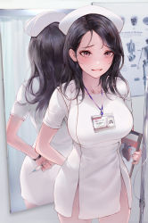 Rule 34 | 1girl, :d, absurdres, arm behind back, black hair, blush, breasts, chowbie, clipboard, collarbone, commentary, dress, english commentary, hat, highres, holding, holding clipboard, holding syringe, id card, lanyard, large breasts, long hair, looking at viewer, mirror, nurse, nurse cap, open mouth, original, parted bangs, pelvic curtain, purple eyes, reflection, signature, smile, solo, syringe, white dress