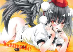 Rule 34 | 1girl, :d, arim0k0, ass, bird wings, black hair, black wings, bottomless, breasts, candy, chocolate, chocolate heart, cleavage, collared shirt, food, hat, heart, highres, large breasts, looking at viewer, lying, no panties, on stomach, open mouth, pom pom (clothes), red eyes, red hat, sample watermark, shameimaru aya, shirt, short hair, smile, solo, tokin hat, touhou, traditional media, valentine, watermark, white shirt, wings, yellow background