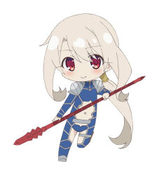 Rule 34 | 1girl, armor, blonde hair, blue bodysuit, bodysuit, boots, chibi, chibi only, closed mouth, commentary request, fate/kaleid liner prisma illya, fate (series), flat chest, full body, gae bolg (fate), hair between eyes, holding, holding polearm, holding weapon, illyasviel von einzbern, light blush, long hair, looking at viewer, navel, official art, polearm, red eyes, shoulder armor, sidelocks, simple background, smile, solo, spear, standing, very long hair, weapon, white background, x navel