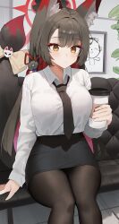 Rule 34 | 1girl, absurdres, animal ears, black hair, black necktie, black pantyhose, blue archive, blush, breasts, closed mouth, coffee cup, collared shirt, colored inner hair, cup, disposable cup, doodle sensei (blue archive), eyeshadow, fox ears, fox tail, halo, highres, holding, holding cup, large breasts, long hair, makeup, multicolored hair, necktie, office lady, pantyhose, red eyeshadow, red hair, red halo, sensei (blue archive), seya (sseya33), shirt, sitting, solo, tail, wakamo (blue archive), white shirt, yellow eyes