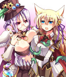 Rule 34 | 2girls, animal ears, armor, black neckwear, black skirt, blonde hair, blue eyes, blush, breasts, cape, closed mouth, collared shirt, commentary request, cowboy shot, emon-yu, flask, gears, genetic (ragnarok online), glasses, hair between eyes, hat, jacket, large breasts, living clothes, long hair, looking at another, medium breasts, medium hair, multiple girls, necktie, open mouth, pauldrons, purple hair, ragnarok online, red cape, red eyes, red shirt, round-bottom flask, shirt, shoulder armor, skirt, smile, teeth, tentacles, top hat, white jacket