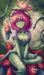 Rule 34 | 1girl, alraune, artist name, breasts, cleavage, female focus, flower, highres, honey, licking lips, mamonomusume to no seikatsu, mamonomusume to no seikatsu ~alraune no baai~, monster girl, pink hair, plant girl, purple eyes, signature, smile, solo, tagme, tongue, tongue out, wearing plant, z - chcrghan