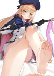 Rule 34 | 1girl, artoria caster (fate), artoria caster (second ascension) (fate), artoria pendragon (fate), beret, blonde hair, blue hat, blush, breasts, capelet, fate/grand order, fate (series), feet, foot focus, foreshortening, gloves, green eyes, haijin, hat, holding, holding staff, legs, long hair, long sleeves, looking at viewer, medium breasts, multicolored capelet, simple background, sitting, soles, solo, staff, toes, white background