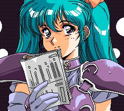 Rule 34 | 1980s (style), 1girl, aliasing, animated, animated gif, aqua hair, armor, blinking, brown eyes, character request, dithering, green hair, himitsu no hanazono, looking at viewer, lowres, magazine (object), retro artstyle, pc engine, retro artstyle, solo, source request, talking, twinkle, twintails, urushihara satoshi