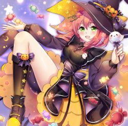 Rule 34 | 1girl, alternate costume, bad id, bad twitter id, black collar, black sleeves, black thighhighs, blush, buttons, candy, cherry blossoms, collar, crescent print, dyx217, flower, food, ghost, green eyes, hair between eyes, hair flower, hair ornament, halloween, halloween costume, hat, highres, hololive, long sleeves, looking at viewer, open mouth, pink hair, pumpkin hat ornament, sakura miko, single thighhigh, skirt, solo, star (symbol), star print, thighhighs, virtual youtuber, witch, witch hat