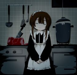 Rule 34 | 1girl, apron, ashi izumo, beef, black dress, black nails, brown hair, closed eyes, closed mouth, commentary, cooking pot, counter, cowboy shot, dark, double-parted bangs, dress, facing viewer, food, frilled apron, frills, highres, indoors, kitchen, kitchen knife, ladle, long sleeves, maid, maid apron, maid headdress, meat, nail polish, original, own hands together, severed hand, severed limb, short hair, sleeping, sleeping upright, smile, solo, spatula, standing, stove, straight-on, string, tile wall, tiles, v arms, white apron