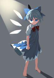 Rule 34 | 1girl, :/, backlighting, barefoot, blue bow, blue dress, blue eyes, blue hair, bow, bowtie, cirno, clenched hand, dress, flat chest, frilled shirt collar, frills, full body, grey background, hair bow, highres, ice, ice wings, keiki8296, looking at viewer, puffy short sleeves, puffy sleeves, red bow, red bowtie, serious, shadow, short hair, short sleeves, solo, standing, touhou, v-shaped eyebrows, wings