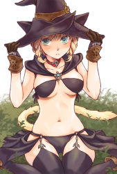 Rule 34 | 10s, 1girl, animal ears, bikini, black bikini, black thighhighs, blonde hair, blush, braid, breasts, cat ears, cat girl, cat tail, cleavage, final fantasy, final fantasy xiv, gloves, green eyes, hat, large breasts, looking at viewer, miqo&#039;te, navel, reitomo, short hair, sitting, solo, swimsuit, tail, thighhighs, twin braids, wariza, warrior of light (ff14), witch hat