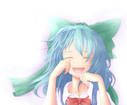 Rule 34 | 1girl, bad id, bad pixiv id, blue hair, bow, cirno, close-up, coconoco, commentary, crying, closed eyes, hair bow, koko (bemaec), lens flare, smile, solo, tears, touhou, touhou hisoutensoku, wiping tears