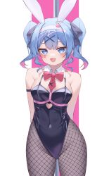 Rule 34 | 1girl, :d, absurdres, animal ears, armpit crease, arms behind back, bare shoulders, black leotard, black pantyhose, blue hair, blush, bow, bowtie, breasts, covered navel, detached collar, dot nose, fake animal ears, fishnet pantyhose, fishnets, hair ornament, hatsune miku, highleg, highleg leotard, highres, large breasts, legs apart, leotard, looking at viewer, open mouth, pantyhose, pink background, pink pupils, pole, pure pure (rabbit hole), rabbit ears, rabbit hole (vocaloid), red bow, red bowtie, ryaru ryaru, short hair, short twintails, smile, solo, stripper pole, teardrop facial mark, thick thighs, thighs, twintails, two-tone background, vocaloid, white background, x hair ornament