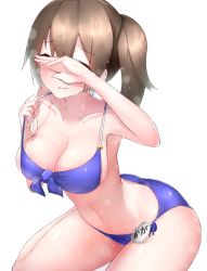 Rule 34 | 10s, 1girl, artist name, bad id, bad twitter id, bare arms, bikini, blue bikini, blush, boruhis, breasts, brown hair, character name, cleavage, closed mouth, collarbone, covering own eyes, eyebrows, front-tie top, hair between eyes, kaga (kancolle), kantai collection, large breasts, long hair, motion lines, navel, side-tie bikini bottom, side ponytail, simple background, smile, solo, stomach, sweat, swimsuit, white background