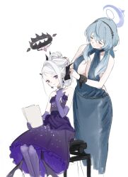 Rule 34 | 2girls, ako (blue archive), ako (dress) (blue archive), black horns, blue archive, blue dress, blue hair, blue halo, blush, closed eyes, closed mouth, cuffs, demon horns, demon wings, dress, elbow gloves, gloves, gomibako (gomibako price), grey hair, halo, handcuffs, highres, hina (blue archive), hina (dress) (blue archive), holding, holding paper, horns, long hair, multiple girls, multiple horns, official alternate costume, official alternate hairstyle, pantyhose, paper, purple dress, purple eyes, purple gloves, purple pantyhose, simple background, sleeveless, sleeveless dress, smile, strapless, strapless dress, white background, wings
