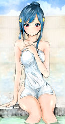 Rule 34 | 1girl, bare shoulders, blue hair, blush, braid, breasts, covering privates, cross account, day, hair bun, hair ornament, hand on own chest, highres, jmdyer000, jpeg artifacts, long hair, looking at viewer, medium breasts, naked towel, nude cover, outdoors, red eyes, satsuki nanoka, single hair bun, sitting, soaking feet, solo, towel, wet, x hair ornament