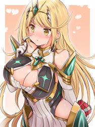 Rule 34 | 1girl, blonde hair, blush, breasts, cleavage, cleavage cutout, clothing cutout, elbow gloves, gloves, highres, kurokaze no sora, large breasts, long hair, mythra (xenoblade), solo, valentine, xenoblade chronicles (series), xenoblade chronicles 2, yellow eyes