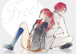 Rule 34 | 10s, 1boy, 1girl, back-to-back, blazer, blue socks, brother and sister, cardigan, free!, gakuran, indian style, jacket, kneehighs, leaning back, loafers, long hair, matsuoka gou, matsuoka rin, mui, open clothes, open jacket, ponytail, red eyes, red hair, reflection, school uniform, shoes, short hair, siblings, sitting, skirt, socks