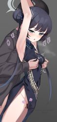 Rule 34 | 1boy, 1girl, absurdres, armpits, bar censor, black dress, black hair, blue archive, blush, breasts, butterfly hair ornament, censored, commentary, double bun, dragon print, dress, grey background, grey eyes, grey halo, hair bun, hair ornament, halo, hetero, highres, kisaki (blue archive), long hair, open mouth, penis, pizza (pizzania company), sex, sex from behind, simple background, sleeveless, sleeveless dress, small breasts, twintails, vaginal