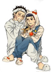 Rule 34 | 2boys, :3, alternate costume, animal ears, animalization, apple, black eyes, black hair, blush, cat ears, character request, expressionless, facial hair, facial scar, fake animal ears, food, fruit, goatee, golden kamuy, hair slicked back, hair strand, hands on own cheeks, hands on own face, hello kitty, highres, holding, holding food, holding fruit, hood, hood up, male focus, multiple boys, ogata hyakunosuke, open mouth, ri (ri kaos21), sandals, sanrio, scar, scar on cheek, scar on face, short hair, sitting, sitting on lap, sitting on person, smile, stitches, stubble, sugimoto saichi, undercut