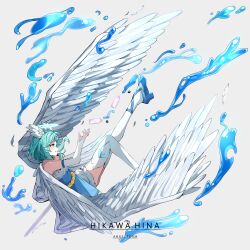 Rule 34 | 1girl, angel wings, aqua hair, bang dream!, blue dress, blue footwear, blue halo, blush, bridal gauntlets, character name, commentary request, dress, elbow gloves, english text, feathered wings, from side, full body, gloves, green eyes, grey background, halo, head wings, high heels, highres, hikawa hina, looking ahead, mnemo (mnemorikriyairo), pumps, short hair, simple background, solo, strappy heels, thighhighs, white gloves, white thighhighs, white wings, wings