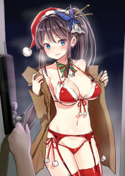 Rule 34 | 1girl, absurdres, bad id, bad pixiv id, bare shoulders, black hair, blue eyes, blush, bobblehat, bow, bowtie, bra, breasts, brown coat, butterfly hair ornament, character request, cleavage, coat, cowboy shot, dark background, door, dungeon and fighter, front-hook bra, garter belt, garter straps, goyain, green bow, green neckwear, hair ornament, hat, highres, long hair, long sleeves, looking at viewer, medium breasts, navel, open clothes, open coat, panties, parted lips, pov, red bra, red hat, red panties, red ribbon, red thighhighs, ribbon, santa hat, side-tie panties, side ponytail, solo focus, standing, stomach, thighhighs, underwear, undressing