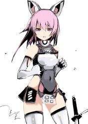 Rule 34 | 1girl, alice gear aegis, bodysuit, commentary request, cosplay, elbow gloves, gloves, highres, hirasaka yotsuyu, navel, open mouth, pelvic curtain, pink eyes, pink hair, simple background, solo, sword, weapon, white background, white gloves, white legwear, yoto (rinlin2)