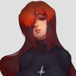 Rule 34 | 1girl, breasts, brown eyes, cross, female focus, highres, large breasts, lips, long hair, looking at viewer, nat the lich, parasoul (skullgirls), red hair, skullgirls, solo, upper body