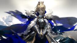 Rule 34 | 1girl, ahoge, armor, artoria pendragon (all), artoria pendragon (fate), blonde hair, blue bow, blue cape, blue skirt, blurry, blurry background, bow, breastplate, cape, closed mouth, commentary request, cowboy shot, crown, excalibur (fate/stay night), fate/grand order, fate (series), faulds, fighting stance, film grain, floating hair, fur-trimmed cape, fur trim, gauntlets, green eyes, grey background, hair bow, highres, holding, holding sword, holding weapon, looking at viewer, narue, saber (fate), serious, short hair, sidelocks, skirt, solo, straight-on, sword, weapon, wind, wind lift