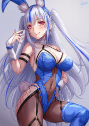 Rule 34 | 1girl, animal ears, bare shoulders, blue hair, blue leotard, blue nails, blue thighhighs, blush, boots, breasts, bridal gauntlets, commentary request, covered navel, earrings, fake animal ears, grey background, grey hair, hand on own hip, hand up, highres, jewelry, large breasts, leotard, long hair, looking at viewer, multicolored hair, nail polish, o-ring, original, parted lips, playboy bunny, rabbit ears, red eyes, sakiyamama, signature, simple background, smile, solo, streaked hair, thigh boots, thighhighs, thighs