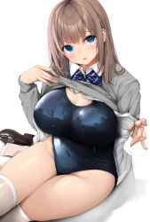 Rule 34 | 1girl, absurdres, banned artist, blue eyes, blue neckwear, blue one-piece swimsuit, bow, bowtie, breasts, brown hair, cardigan, cardigan lift, cleavage, commentary request, fay (fay axl), grey cardigan, highres, large breasts, lifting own clothes, loafers, long sleeves, looking at viewer, medium hair, one-piece swimsuit, original, shoes, unworn shoes, simple background, sitting, swimsuit, thighhighs, thighs, wet, white background, white thighhighs