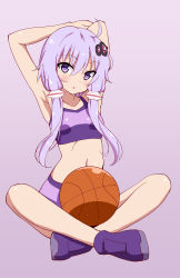 Rule 34 | 1girl, :o, ahoge, alternate costume, armpits, arms up, ball, bare legs, basketball, basketball (object), blush, breasts, collarbone, commentary request, full body, gin&#039;you haru, hair between eyes, hair ornament, indian style, looking at viewer, navel, open mouth, parted lips, purple eyes, purple footwear, purple hair, short hair with long locks, sidelocks, sitting, small breasts, solo, sports bra, voiceroid, yuzuki yukari