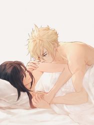 Rule 34 | 1boy, 1girl, bed sheet, black hair, blonde hair, blue eyes, closed mouth, cloud strife, couple, cuddling, closed eyes, final fantasy, final fantasy vii, hetero, highres, long hair, looking at another, lying, maiii (smaii i), on side, pillow, simple background, smile, spiked hair, square enix, tifa lockhart, twitter username, under covers, upper body