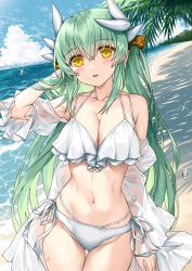 Rule 34 | 1girl, bare shoulders, bikini, blush, breasts, cleavage, collarbone, dragon girl, dragon horns, fate/grand order, fate (series), green hair, hand in own hair, highres, horns, kiyohime (fate), large breasts, long hair, long sleeves, looking at viewer, morizono shiki, navel, off shoulder, outdoors, parted lips, smile, solo, swimsuit, water, white bikini, yellow eyes