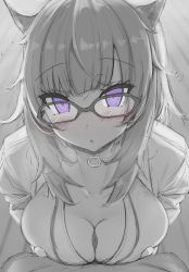Rule 34 | 1boy, 1girl, absurdres, animal ear fluff, animal ears, blush, breasts, breasts squeezed together, cat ears, collar, commentary request, eyelashes, from above, glasses, greyscale, hetero, highres, hololive, long hair, looking at viewer, male pubic hair, medium breasts, monochrome, nekomata okayu, nekomata okayu (oversized shirt), paizuri, paizuri under clothes, penis, pov, pubic hair, purple eyes, shiroshiroshiro111, shirt, spot color, virtual youtuber