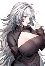 Rule 34 | 1girl, absurdres, azur lane, breasts, cleavage cutout, clothing cutout, dress, grey eyes, grey hair, heart, highres, large breasts, long hair, long sleeves, open mouth, simple background, smile, solo, suimo (suimodayo), upper body, vittorio veneto (azur lane), white background
