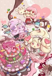 Rule 34 | :d, :o, alcremie, apron, cake, clothed pokemon, commentary request, creatures (company), feeding, food, game freak, gen 3 pokemon, gen 8 pokemon, gloves, happy valentine, harinezumi103, hat, headdress, highres, holding, holding food, looking up, luvdisc, milcery, nintendo, no humans, open mouth, pink hat, plate, pokemon, pokemon (creature), polteageist, sinistea, smile, valentine